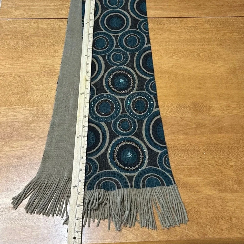 ECHO‎ Scarf Women's Geometric Circle Pattern Fringe Acrylic Brown Teal Statement